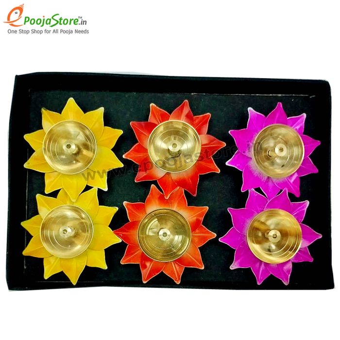 Brass Lotus Diya Set of 6 With Display Box Packing (Mixed Colours Available) - Image 2