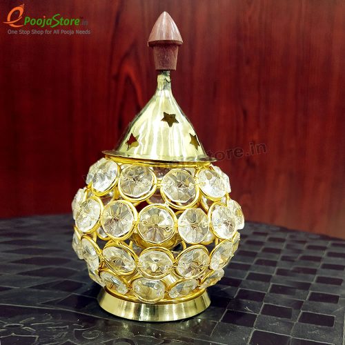 Akhanda Diya / Oil Lamp For Puja, Home decor and Diwali, Matka Shape, Brass & Crystal Diya