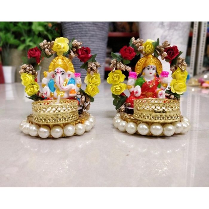 Handmade Floral  Lakshmi Ganesha T-lights (1 Pair) - Image 2