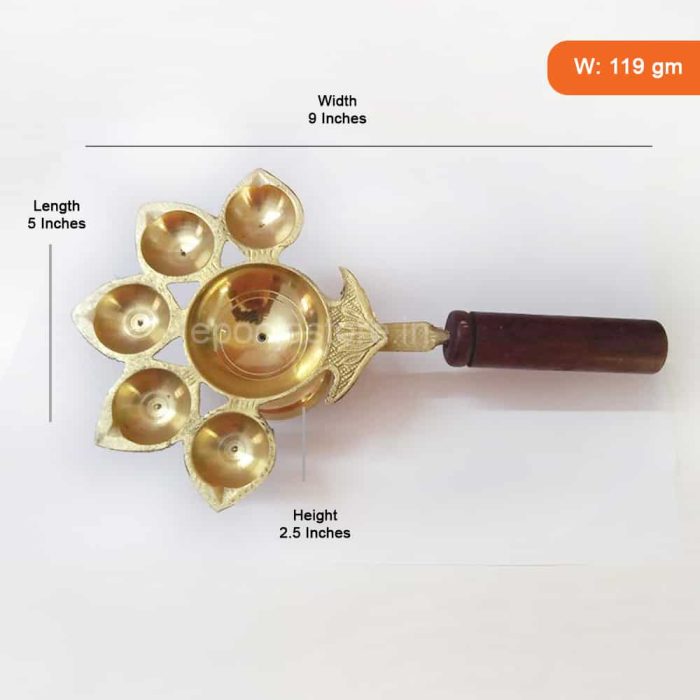 Pancha Arathi With Wood Handle Brass  (9 inches) - Image 2