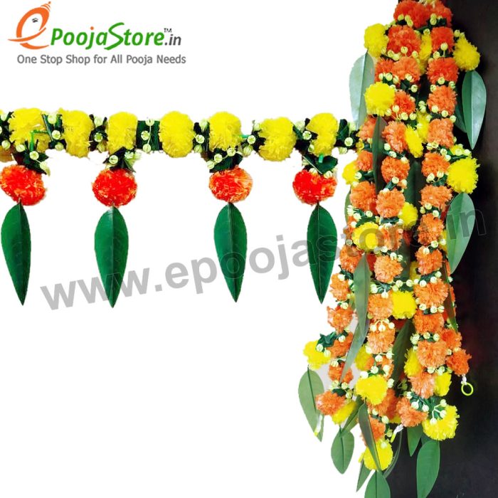 Decorative Artificial Yellow, Orange Marigold Flowers with Mango Leaves - Image 2
