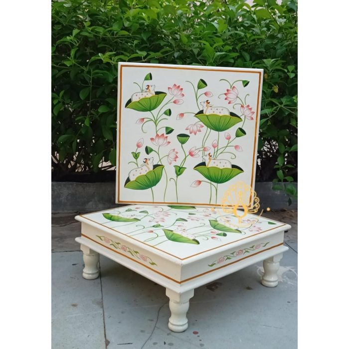 Decorative Bajot Wooden Hand Painted Artwork Square Shape Chowki - Image 2