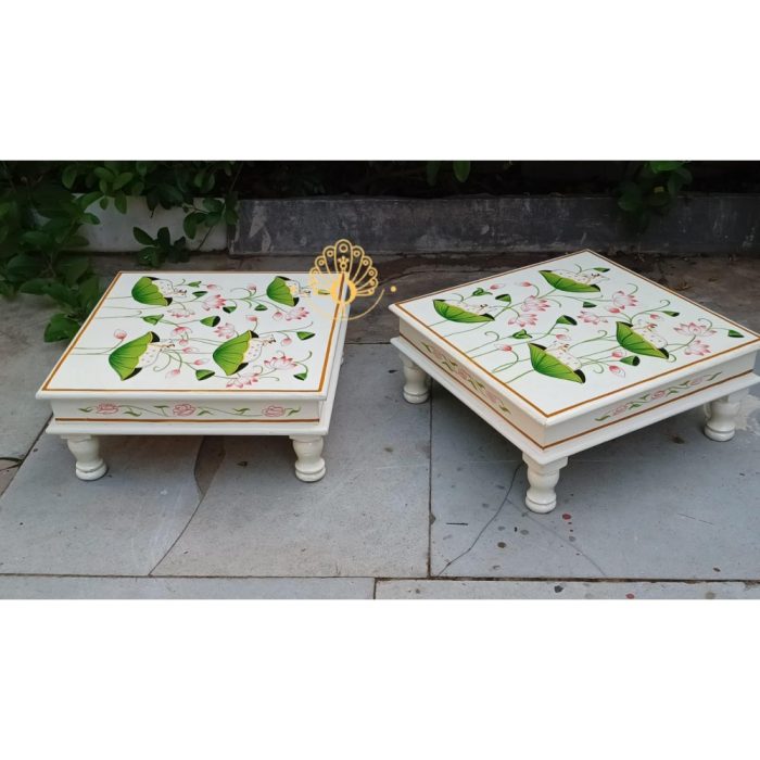 Decorative Bajot Wooden Hand Painted Artwork Square Shape Chowki - Image 3
