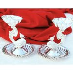 German Silver Peacock Diya With Attached Around plate