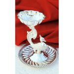 German Silver Peacock Diya With Attached Around plate - Image 2