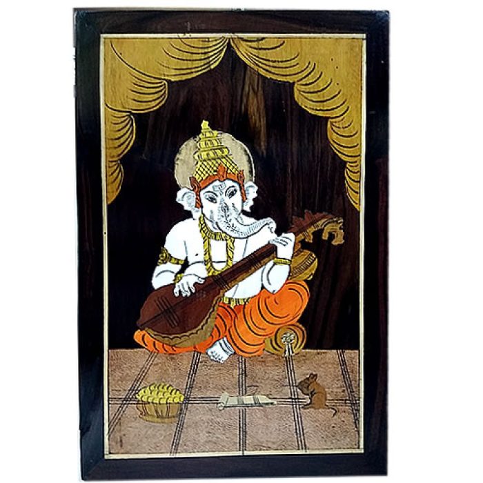 Ganesha with Veena (Rosewood Curved Painting) - Image 2