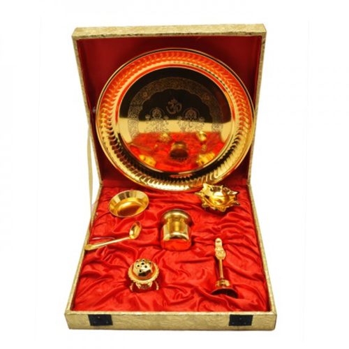 Gold Plated Steel Pooja Thali 11.5" Diameter with Brass Bell