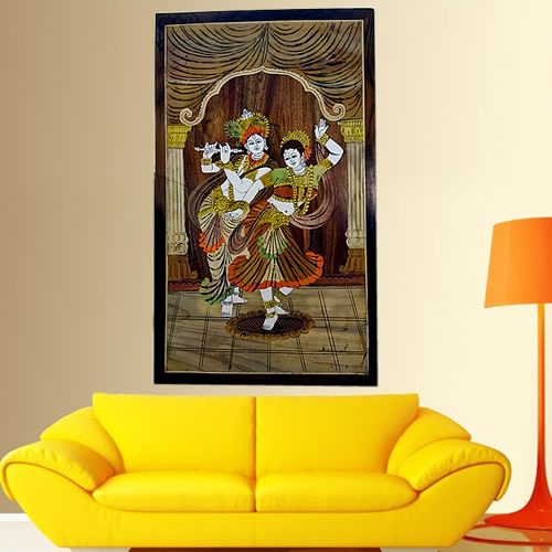 Dancing Radha Krishna (Rosewood Curved Painting)